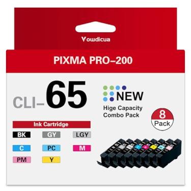 Imagem de Cartuchos de tinta CLI-65 para impressora Canon - alta capacidade compatível com impressora PIXMA PRO-200, pacote com 8 cores (1BK, 1C, 1M, 1Y, 1PM, 1PC, 1GY, 1LGY)