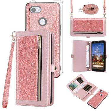 Imagem de Asuwish Capa de celular para Google Pixel 3a Carteira com zíper destacável com protetor de tela de vidro temperado, alça transversal, alça com glitter, flip, porta-cartões, slot Pixel3a Pixle a3,