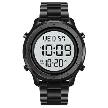 Imagem de Gosasa Relógio masculino multifunções LED digital pulseira de couro esporte ao ar livre relógio de pulso masculino casual relógio masculino aço inoxidável à prova d'água cronômetro, Aço preto e