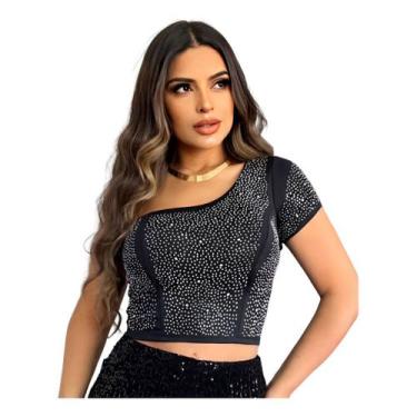 Imagem de Blusa Cropped Nula Manga Com Brilho Strass Festas Luxo - Propria, Pret
