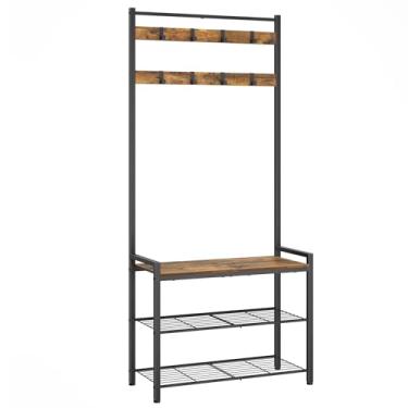 Imagem de YATINEY Hall Tree, cabideiro com banco de sapatos, banco de entrada com armazenamento de sapatos, organizador de armazenamento de entrada multifuncional, estrutura de metal e 8 ganchos móveis, para