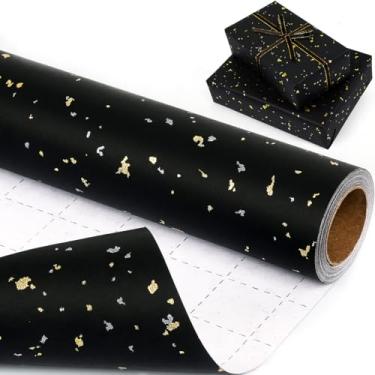 Imagem de Rolo de papel de embrulho preto - 43 cm × 80 m, papel de embrulho preto e dourado, papel de embrulho de presente Kraft fosco com floco de folha de prata e ouro para aniversário, casamento, chá de bebê