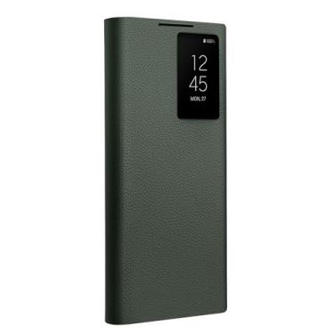 Imagem de fake action Capa de couro genuíno Smart S23 Plus para Samsung Galaxy S23 Plus Light Phone Cover com capa de luxo Business Smart View para S23 Plus (apenas para S23 Plus Green)