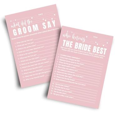 Imagem de Pacote de jogo Majesty Pink Bridal Shower 2 em 1 - Who Knows the Bride Best & What Did the Groom Say - Cartolina premium de 54 kg, minimalista moderno, cartas dupla face de 12,7 x 18 cm (pacote com