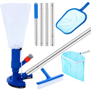 Imagem de Tioncy O kit de limpeza de piscina de 5 peças inclui poste ajustável de 119 cm com rede de escumadeira de folhas profundas, rede de escumadeira semiprofunda, aspirador de pó de piscina a jato e escova