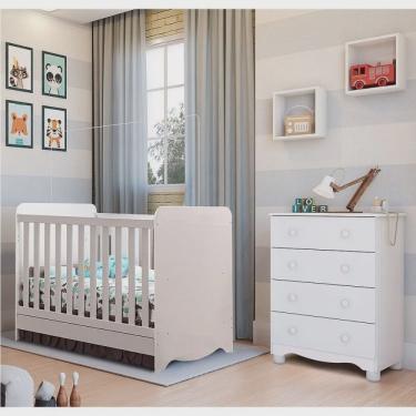 Imagem de Quarto de Bebê com Cômoda 4 Gavetas e Berço Mini Cama 3 em 1 Cambalhota Espresso Móveis Branco