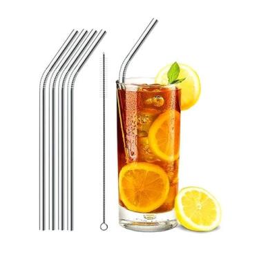 Imagem de Kit 4 Canudos Reutilizável Ecológico Aço Inox Curvo + Escova - IDEIA+P