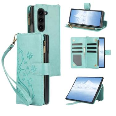 Imagem de Asuwish Capa de celular para Samsung Galaxy Z Fold 6 5G 2024 carteira com alça de pulso flor flip zíper suporte para cartão de crédito suporte ZFold6 Z6 G Fold6 6Z mulheres meninas verde