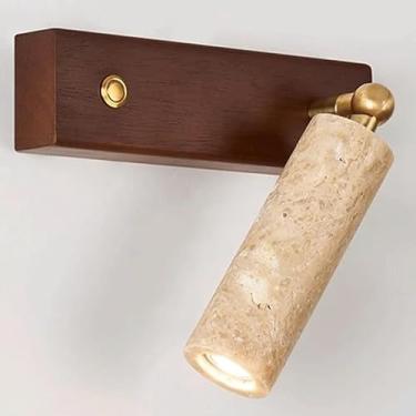 Imagem de Luminária de parede LED vintage de meados do século com pedras naturais em nogueira, fonte de luz criativa, interruptor com zíper, luminária de cabeceira para cozinha, corredor, estudo, esca
