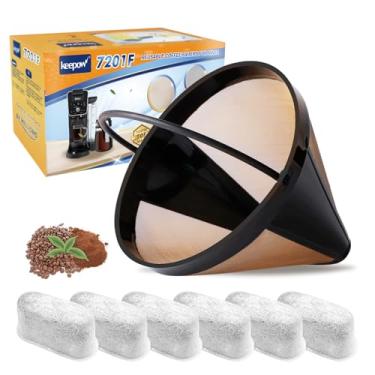 Imagem de KEEPOW Filtro de café reutilizável de substituição para 14 xícaras compatível com cafeteira Cuisinart DCC-3200 DCC-1200, cesta de filtro de café dourada, 10, 12, 14 xícaras, 1 + 6