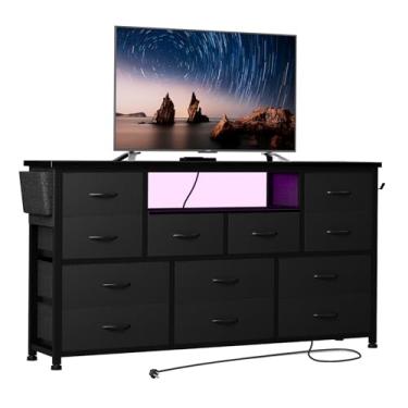 Imagem de LIVEHOM Cômoda Para Tv Com Tomada E Led Para Tv De 45'', Cômoda Longa Para Quarto Com 12 Gavetas, Mesa De Console Larga Para Armazenamento No Armário, Sala De Estar, Entrada, Tampo De Madeira