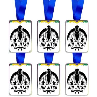 Imagem de Kit 100 Medalhas Personalizado Retangular De Metal Com Fita Azul - Esportes e Comemorações (Jiu Jitsu)