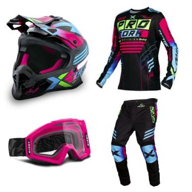 Imagem de Kit Motocross Fast Next Camisa Calça Óculos Capacete - PRO TORK, PRETO