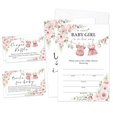 Imagem de Convites para chá de bebê, floral e roupas de bebê para meninas, convites de preenchimento para anúncio de bebê, lembrancinha de festa (25 convites com envelopes, 25 bilhetes de sorteio Dipaer e 25