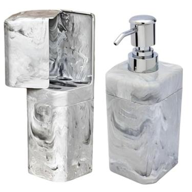 Imagem de Kit Dispenser Porta Sabonete e Porta Escova Dente Com Tampa Adesivo Parede(CARRARA)