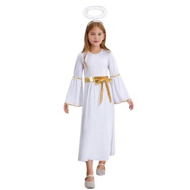 Imagem de LATOBREATH Fantasia de anjo infantil para meninas com halo Natal igreja vestido de anjo branco, Dourado, 4-5 Y