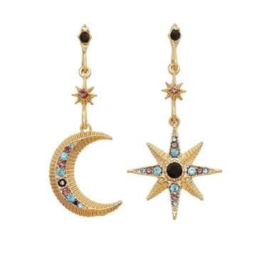 Imagem de Brincos femininos de ouro 14K, lua e sol, estrela, lua crescente, longa, assimétrico, pingente de gota e planeta, joias modernas, presente de Halloween, Extra large, Liga de aço, Sem pedra preciosa