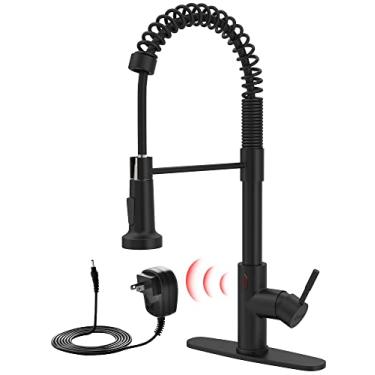Imagem de GIMILI Torneira de cozinha preta com pulverizador de puxar para baixo, torneira inteligente ativada com sensor de movimento mãos livres para pia de cozinha com adaptador CA, preto fosco