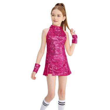 Imagem de LOLANTA Vestido de dança com lantejoulas para meninas de 4 a 12 anos, brilhante, hip hop, jazz, dança, top e shorts sem mangas, Fúcsia, 11-12 Anos