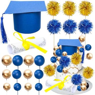 Imagem de Gyufise 42 peças 2025 kit de bolo de graduação diploma tampa de bolo palheta balão borla fogos de artifício cupcake toppers formatura 2025 decorações de bolo para classe de 2025 parabéns graduado