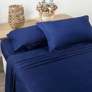 Imagem de Jogo de Lençol 4 Peças 400 fios Algodão - Fio Egípcio - Aba Americana (Marinho, KING)