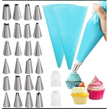 Imagem de Kit Confeiteiro Com Saco de Silicone Para Confeitar Bolos Sobremesas 24 Bicos inox