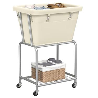 Imagem de ELYKEN Carrinho de lavanderia com rodas, cesto de roupa suja com bolsa e prateleira removíveis, cesto de roupa com moldura de metal com 4 rodízios e 2 freios, ideal para quarto, banheiro, lavanderia