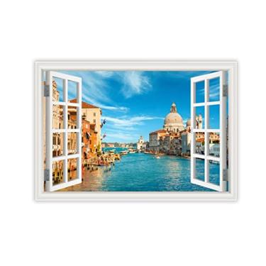 Imagem de Impressão em tela para parede janela paisagem urbana água de Veneza 3D falsa janela vista paisagem paisagem imagem impressão em tela arte de parede para sala de estar 80 x 120 cm 31 x 47 pol sem