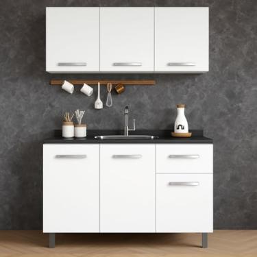 Imagem de Kit Cozinha 1,20m Balcão de Pia e Armário Aéreo 3 Portas com Divisória, Gabinete sem tampo (Branco)