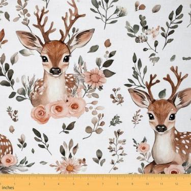 Imagem de Lovely Deer Fabric by The Yard Retro Rosa Verde Cinza Folhas Tecido para Crianças Suprimentos de Costura Aquarela Animal Selvagem Bonito Estilo Rústico Tecido para Decoração de Quarto e Estofamento
