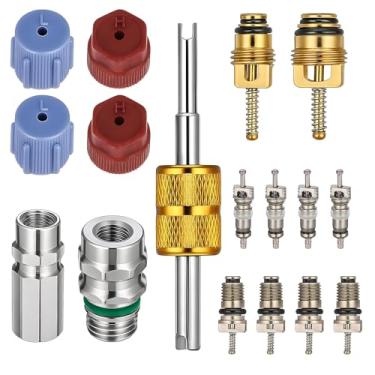 Imagem de 17 peças R12 para R134A Kit adaptador de adaptação AC Kit de núcleo de válvula de ar condicionado Sistema de refrigeração A/C Ferramenta de remoção de núcleo de válvula CA Tampa de vedação de porta de