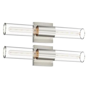 Imagem de Pacote com 2 luminárias de banheiro de níquel escovado, arandela de parede interna com persiana de vidro transparente cilíndrica, moderna E26 elegante iluminação montada na parede para quarto, sala de