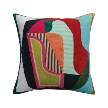 Imagem de Bloomingville, Almofada multicolorida quadrada de veludo de algodão estampada com design abstrato, tufos e costas listradas