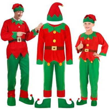 Imagem de Newcotte Conjunto de fantasia de elfo de Natal infantil adulto fantasia de elfo terno chapéu de Papai Noel vestido meia sapato cinto de Natal (2GG)