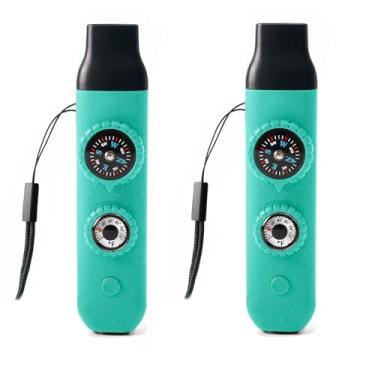 Imagem de Apito de segurança de sobrevivência de emergência, apito para crianças com cordão, bússola, termômetro, ideal para caiaque, passeios de barco, caminhadas, acampamento, escalada (turquesa 2 peças)