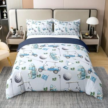 Imagem de Manfei Capa de edredom infantil de golfe 100% algodão, tamanho Queen, mochila de taco de golfe, conjunto de cama para meninos e meninas, moderno, lazer, esportes, jogos de bola, moda, azul, 2 fronhas