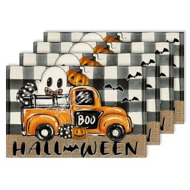 Imagem de Jogo americano de Halloween Bat Ghost Truck Conjunto de 4 tapetes de mesa sazonais xadrez búfalo 30 x 45 cm para casa, cozinha, jantar, festa, decoração interna ao ar livre CD15