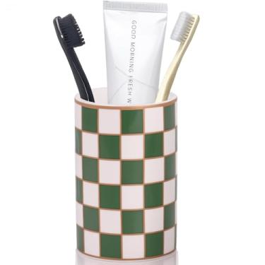 Imagem de Suporte de escova de dentes de banheiro xadrez, suporte de escova de dentes de cerâmica preto e branco de banheiro, caixa de escova de dentes moderna, usado para rack de armazenamento de bancada de