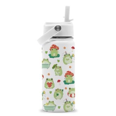Imagem de ROVOZAR Garrafa de água sapo de 473 ml de aço inoxidável com canudo - copo com isolamento de sapos fofos para meninas e meninos - Copo infantil de sapos para escola, esportes, viagens