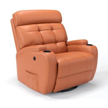 Imagem de Poltrona do Papai Reclinável Elétrica Giratória e Balanço Couro Bovino Massagem (Goiaba)