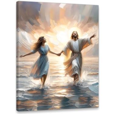 Imagem de Arte de parede Jesus e mulheres andando na água, pôster de pintura listrada com pintura de fé, decoração de parede cristã, imagem de Jesus para parede, sala de estar, igreja, quarto, decoração de casa
