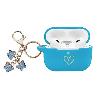 Imagem de AIIEKZ Capa compatível com AirPods Pro 2 2022, capa de silicone macio com padrão de coração dourado para AirPods Pro 2ª geração com chaveiro de borboleta fofo para meninas e mulheres (azul)