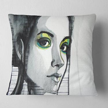 Imagem de Designart Manta retrato abstrato menina ilustração preta sala de estar, sofá, enchimento de almofada + capa de almofada impressa em ambos os lados 40,64 cm x 40,64 cm