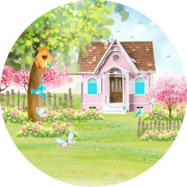 Imagem de Painel de Tecido Sublimado Redondo Jardim Aquarela Casinha no Campo C/