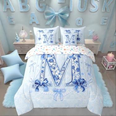 Imagem de Erosebridal Conjunto de edredom infantil com inicial M, azul, para meninas, com laço coquete, princesa, estética, desenho animado, cama fofa em uma bolsa com design floral rosa chique (M)
