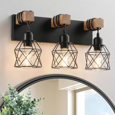 Imagem de Luminária para casa de fazenda, iluminação de banheiro de 3 luzes, luz de parede de madeira industrial preta sobre espelho com sombra de metal, lâmpadas LED incluídas