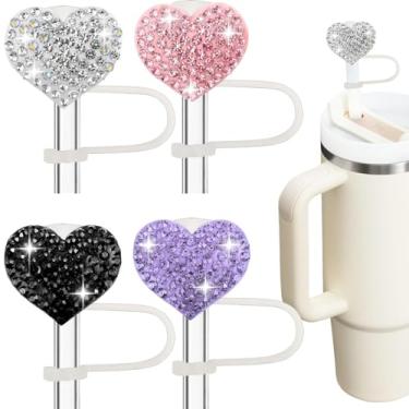 Imagem de Amreich Capas de palha de coração brilhante para Stanley Cup - Pacote com 4 topos de palha de diamante com strass, acessórios para copos Stanley Sparkle (preto/prata/rosa/roxo)