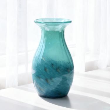 Imagem de Vaso de vidro azul-petróleo de 29 cm de altura para flores, vaso decorativo gradiente soprado à mão para decoração de casa, peça central, mesa de jantar, prateleira, casa de banho, entrada, bancada