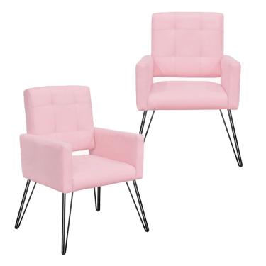 Imagem de Conjunto 2 Poltronas Estofadas Para Consultório Pés de Ferro Camila Suede Rosa Bebe - LM DECOR