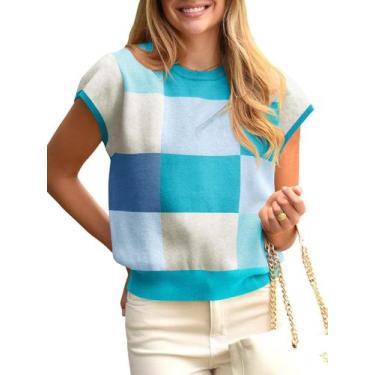 Imagem de Suéter Saodimallsu feminino de manga curta, colorido, azul